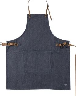BBQ Style Apron, Denim Brut with leather straps in Cognac co