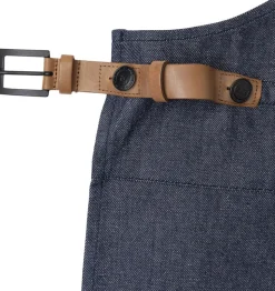 BBQ Style Apron, Denim Brut with leather straps in Cognac co