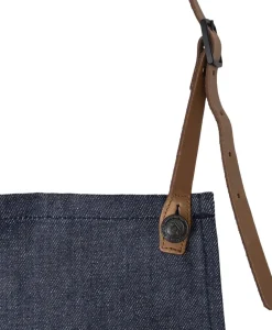 BBQ Style Apron, Denim Brut with leather straps in Cognac co